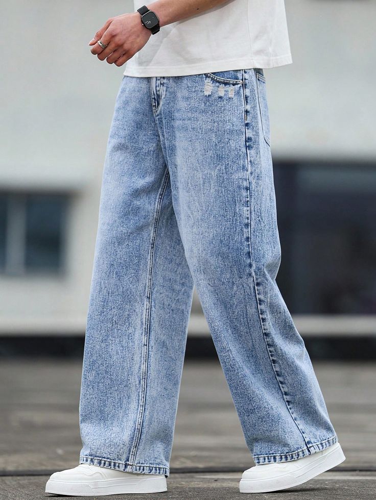 streetwear distressed washed loose fit men's denim jeans baggy jeans blue jeans